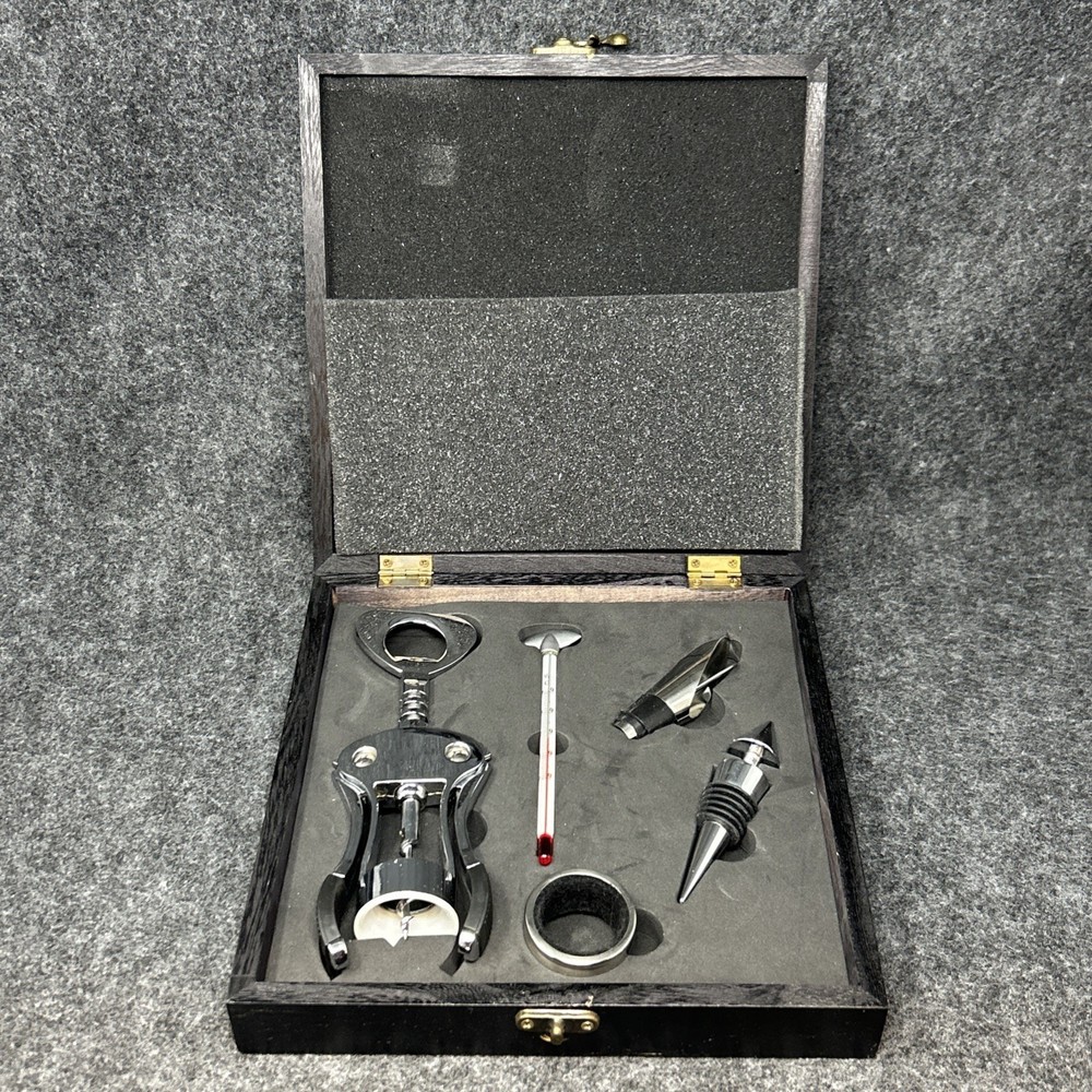Vtg Coffret Sommelier 5pc Wine Tool Set Corkscrew Thermometer Stopper Boxed