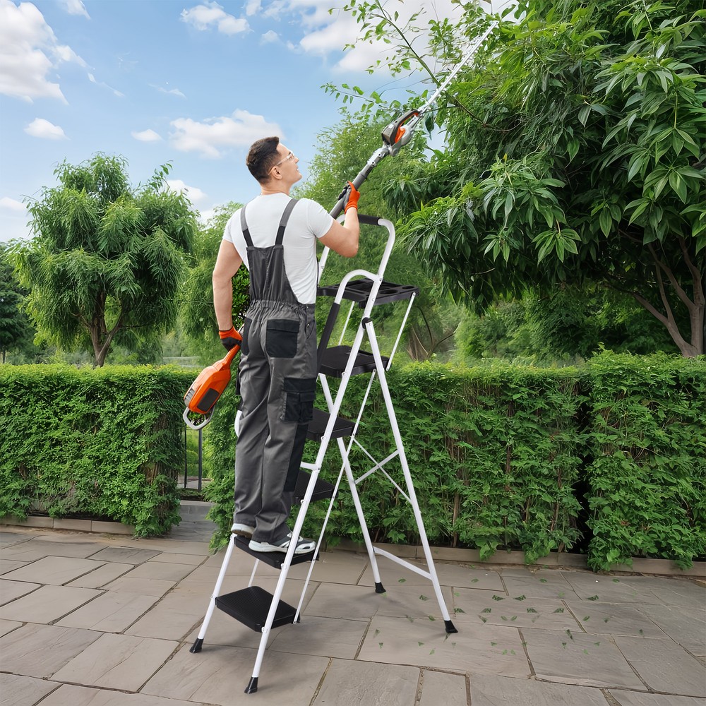 5 Step Ladder with Tool Platform and Handrails Safe Step Ladder 330 Lbs White