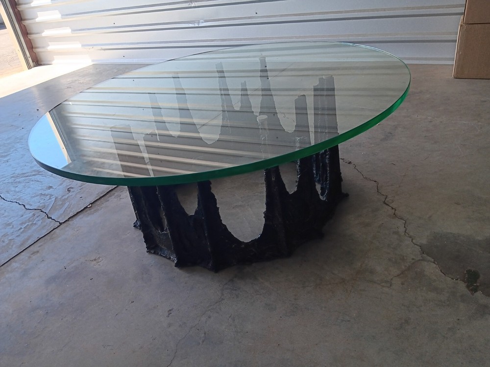 MCM BRUTALIST PAUL EVANS ABSTRACT BRONZE SCULPTURE BASE 42"GLASSTOP COFFEETABLE