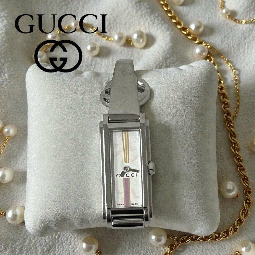 Gucci 109 Watch Bangle Timepiece Striped Boots Pattern Silver Stainless
