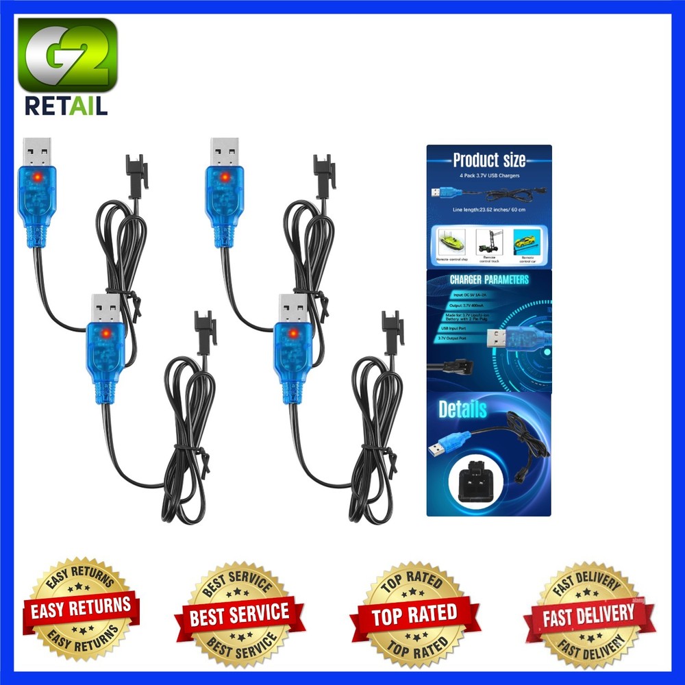 Efficient 3.7V RC Car Battery Chargers - 4-Pack USB Cables with Safety Features