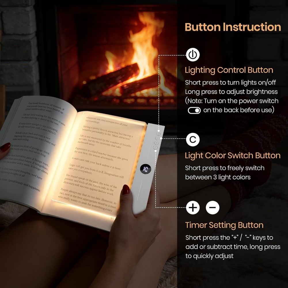 Smart Flat Book Light, Rechargeable Clear LED Reading Lamp with 3 Colors & Timer
