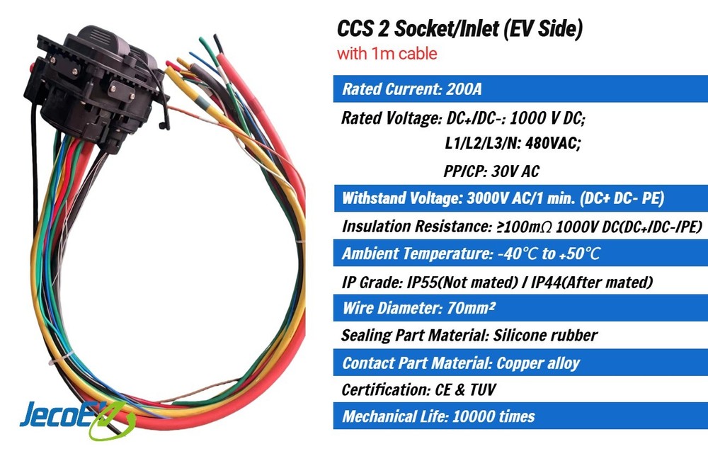 CCS2 EV Charging Inlet Port/Socket (Car Side), 200A 1000VDC Max, With 1m Cable
