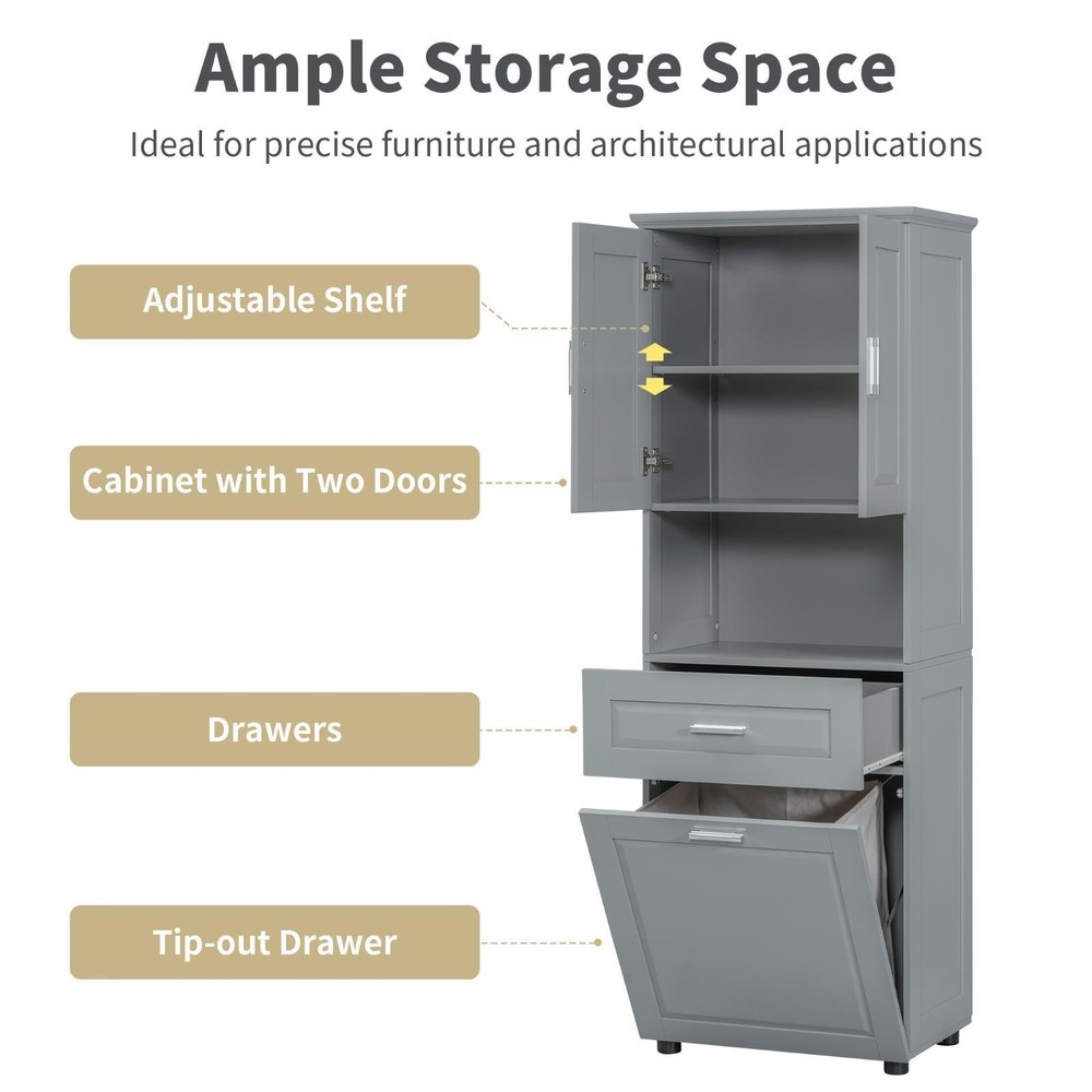 Multifunctional Bathroom Cabinet with Laundry Hamper, Smooth Waterproof Surface