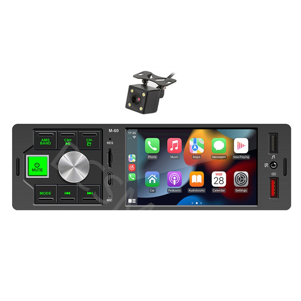 1DIN CarPlay Android Auto Car Bluetooth MP5 Player TF AUX USB W/4LED Rear Camera