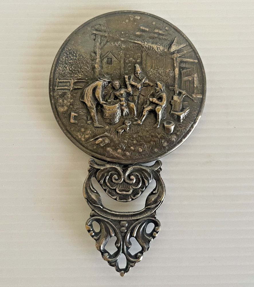 Hand Mirror Colonial Tavern Scene Silver Plated