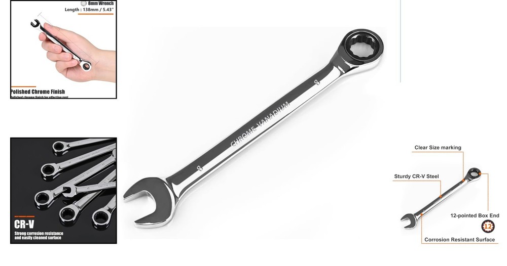 Polished Chrome Vanadium 8mm Wrench - Effortless Maintenance & Strength