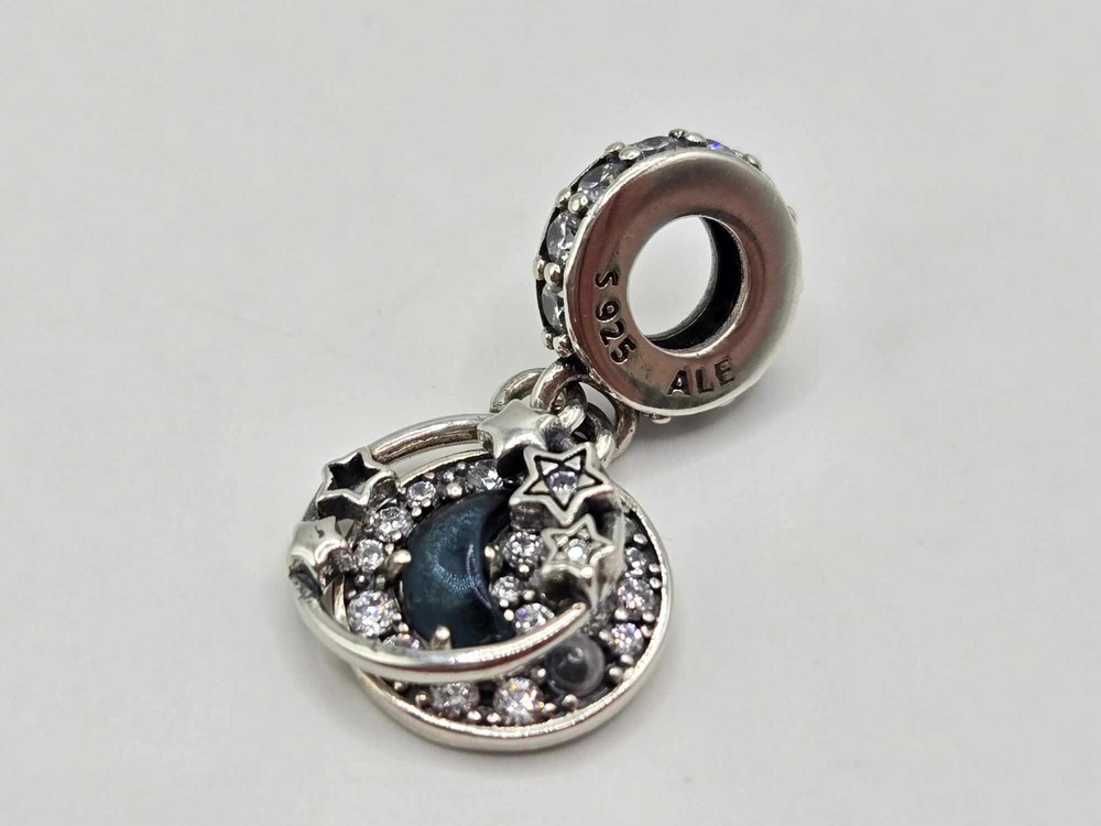 Authentic Pandora Charm Blue Night Sky Crescent Moon & Stars Dangle