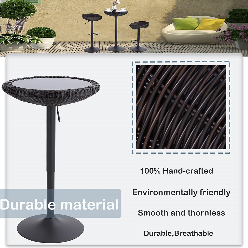 PHI VILLA Bar Table Round Pub Table Height Adjustable Rattan Kitchen Table