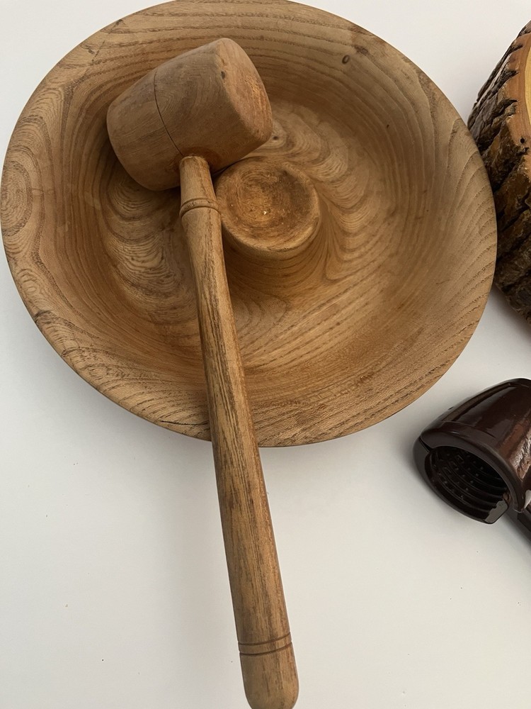 Vintage Nutcracker Complete Set With Log Bark & All Tool & Disposal Bowl