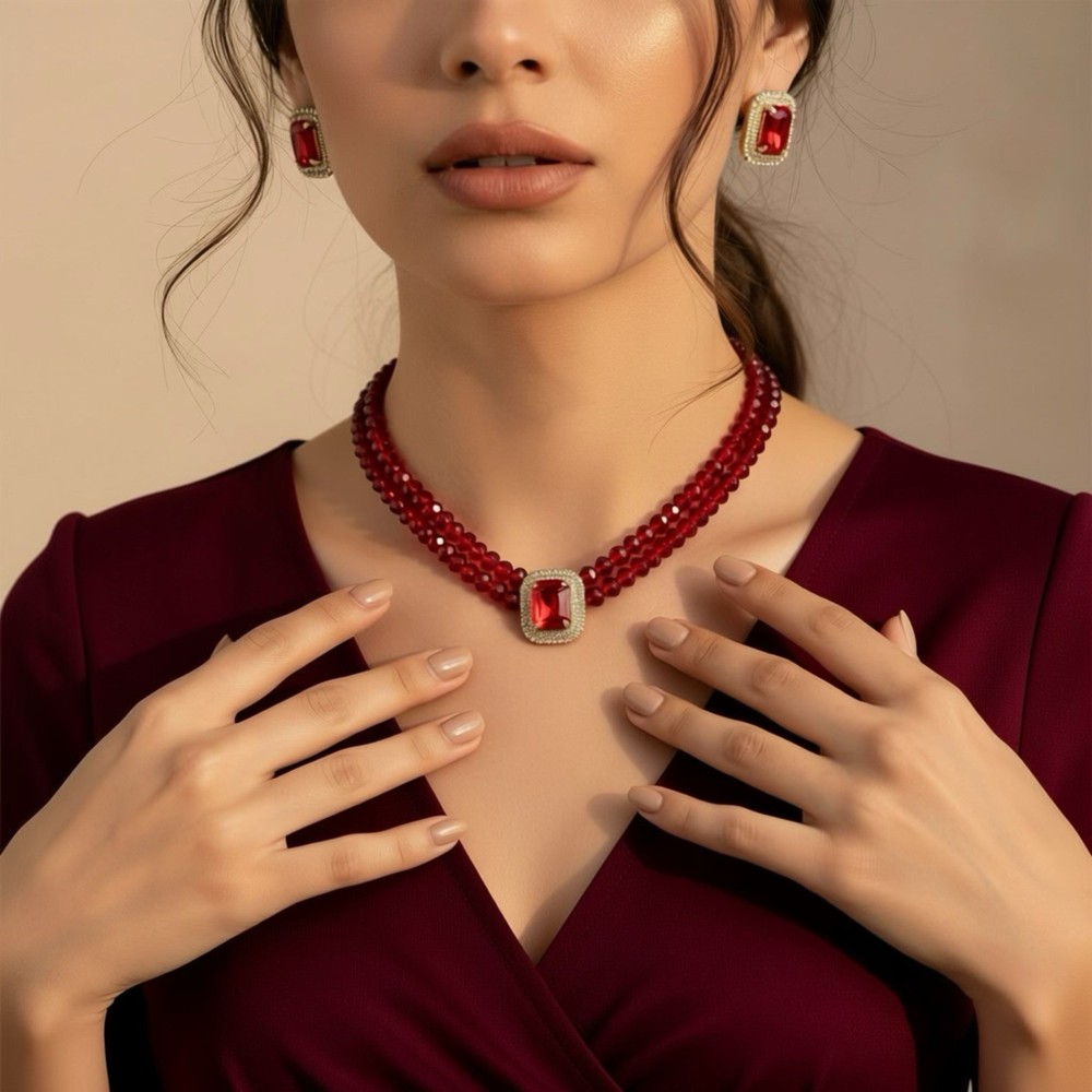 Red Crystal Beaded Choker Set with Rhinestone Rectangular Charm