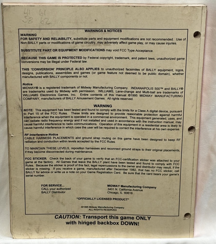 ORIGINAL-BALLY-INDIANAPOLIS 500-OPERATIONS MANUAL