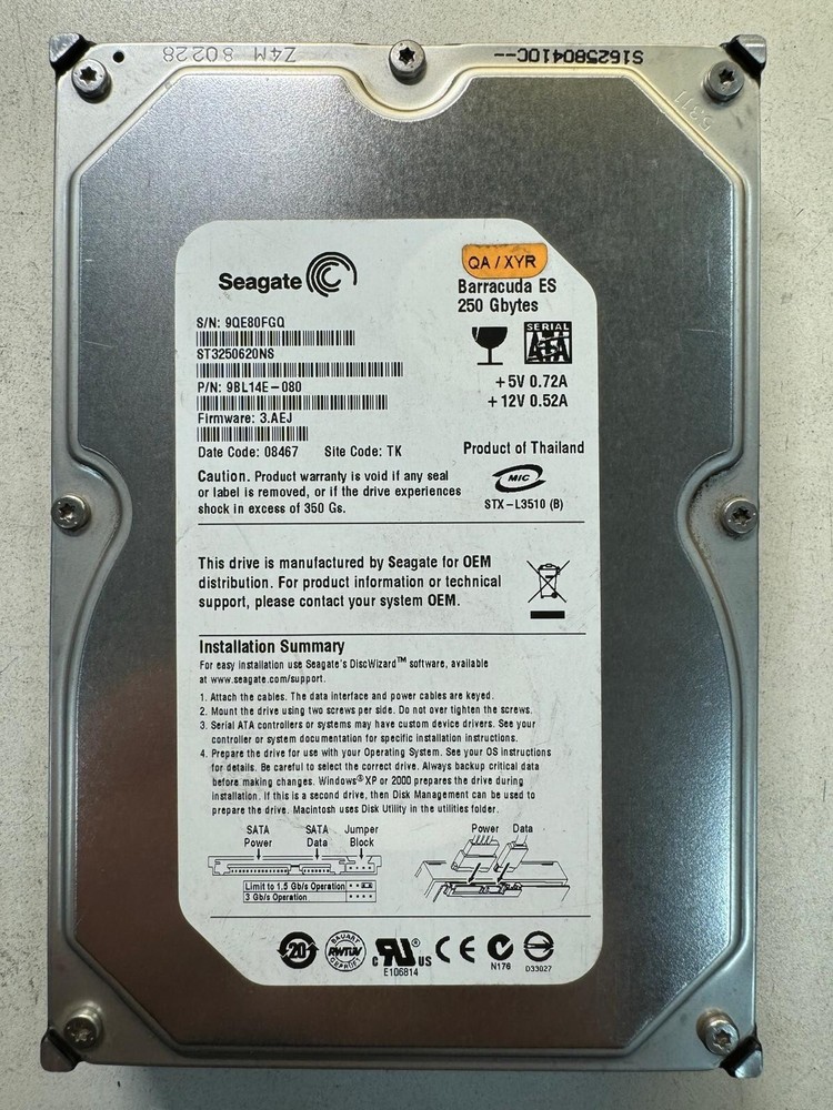 SEAGATE ST3250620NS 9BL14E-080 250GB Firmware 3.AEJ Date code 08467 SATA 3.5"