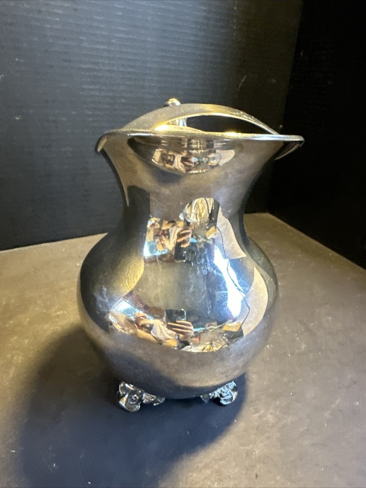 Vintage Silverplate Pitcher Ornate Handle Footed 9” Decorative #R86