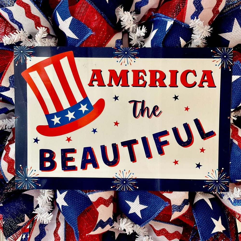 America The Beautiful Uncle Sam Hat Deco Mesh Handmade Wreath