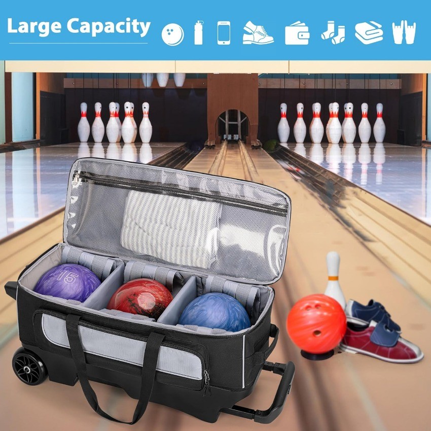 3 Ball Roller Bowling Bag with Multi Accessory Pockets and Shoes Compartment