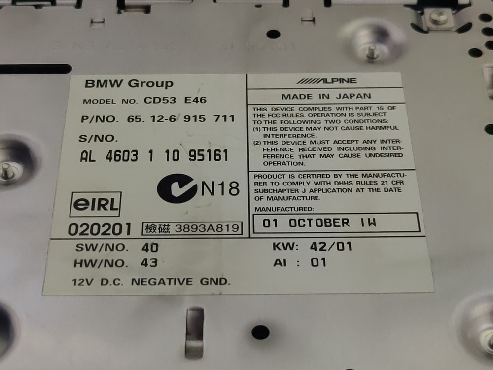 BMW E46 Radio/CD Alpine 65126919072 Code Not Included 💯 Original