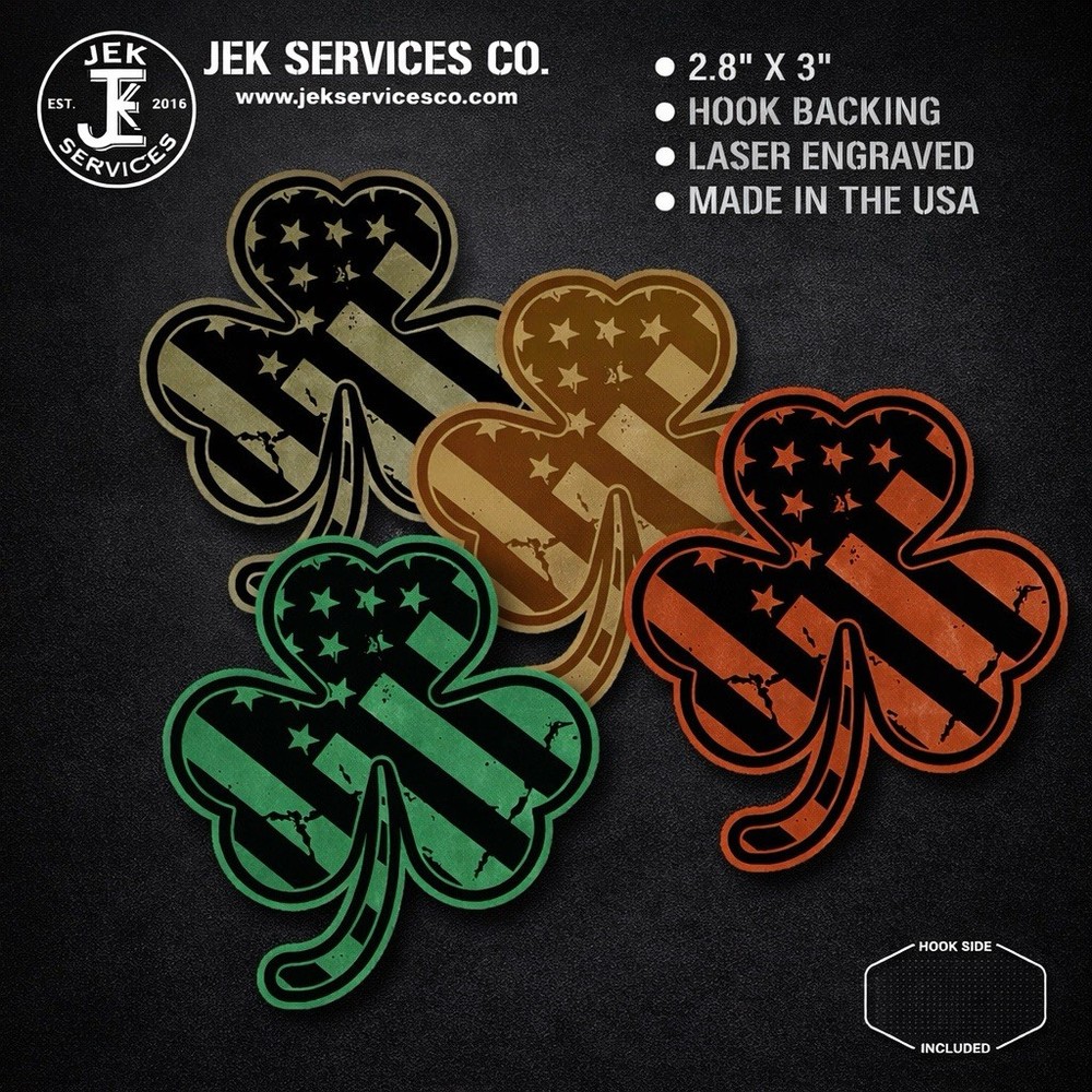 Irish American Morale Patch, Hook Backing, Shamrock Shaped, Laser Engraved & Cut