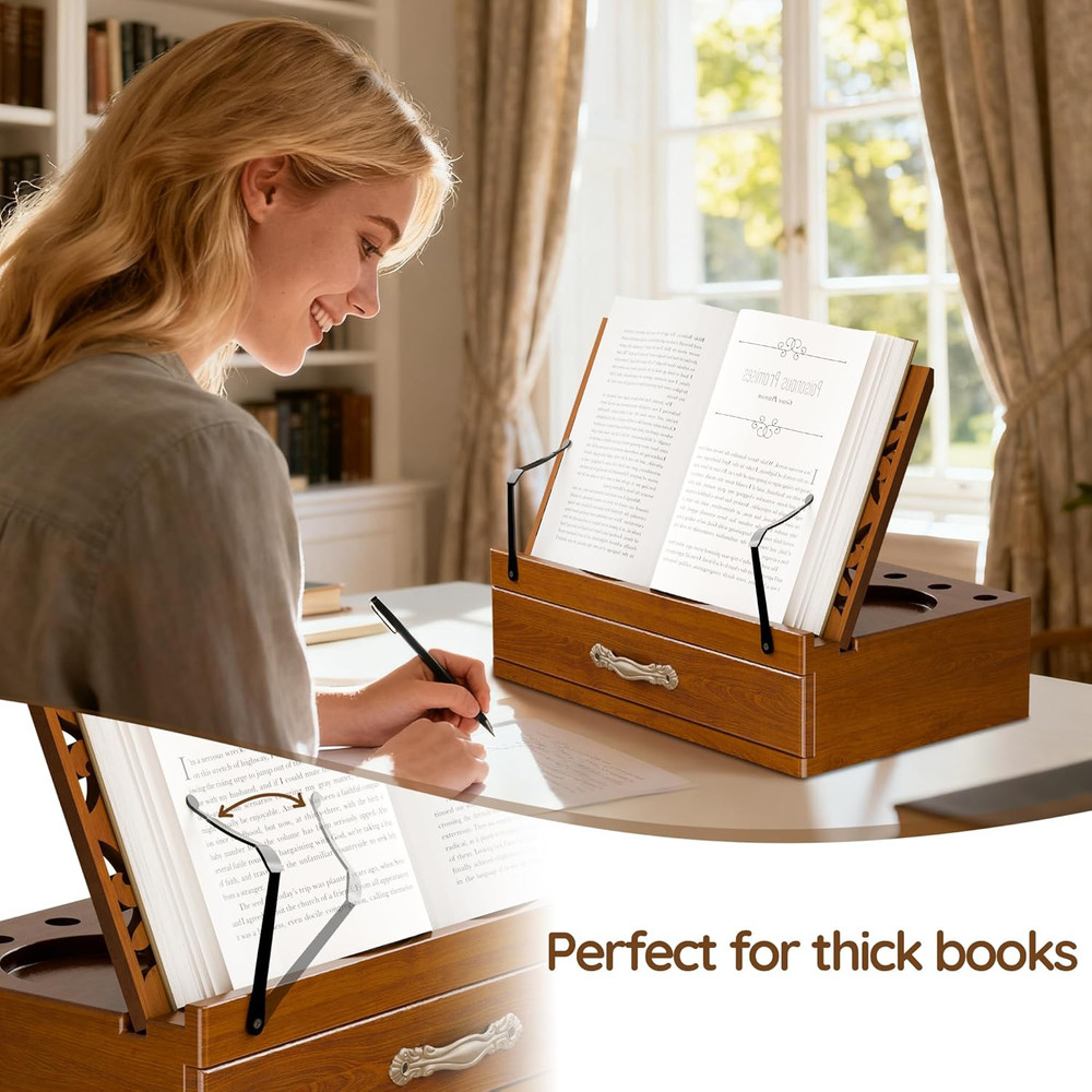 Adjustable Wooden Book Stand with Storage - Multi-Function Hands Free Book Holde