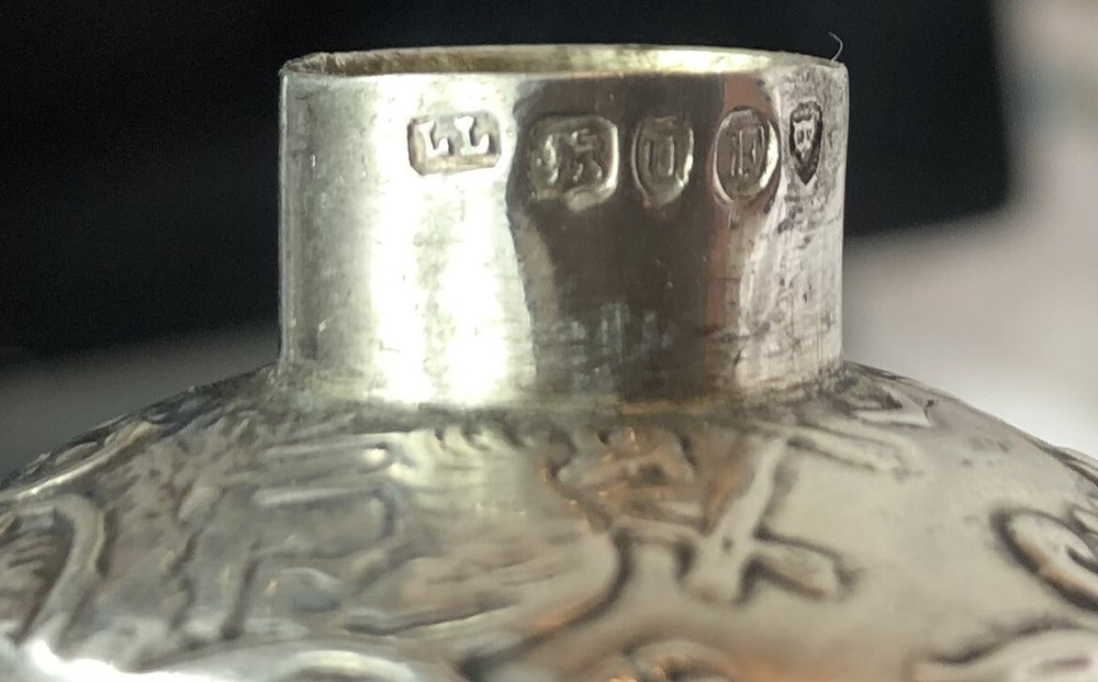 ANTIQUE SOLID SILVER MINIATURE TEA CADDY, REPOUSSE, DUTCH / ENGLISH, VICTORIAN