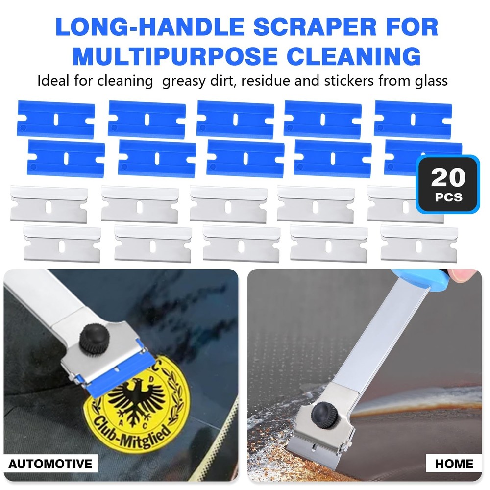 Razor Blade Scraper Tool with 20 Extra Replacement Blades (Metal & Plastic)