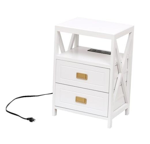 Assembled Nightstand with Charging Station, No Assembly Required End White