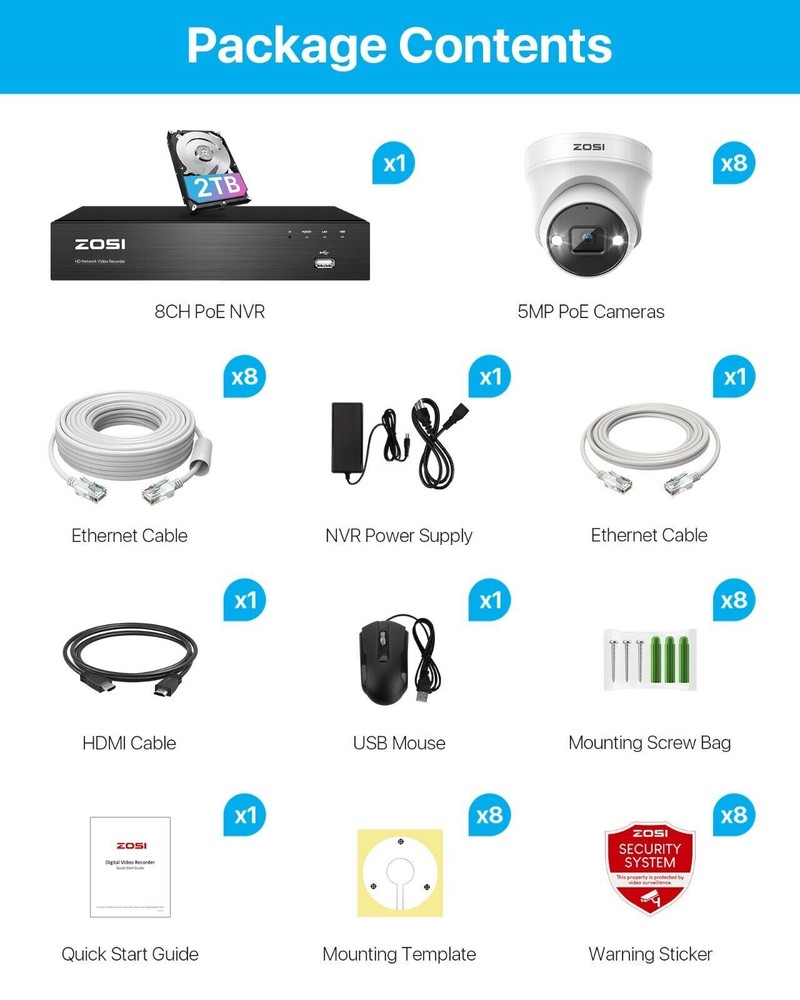 ZOSK 4K 5MP PoE CCTV Security Camera System AI Vehicle Detection Two-Way Audio