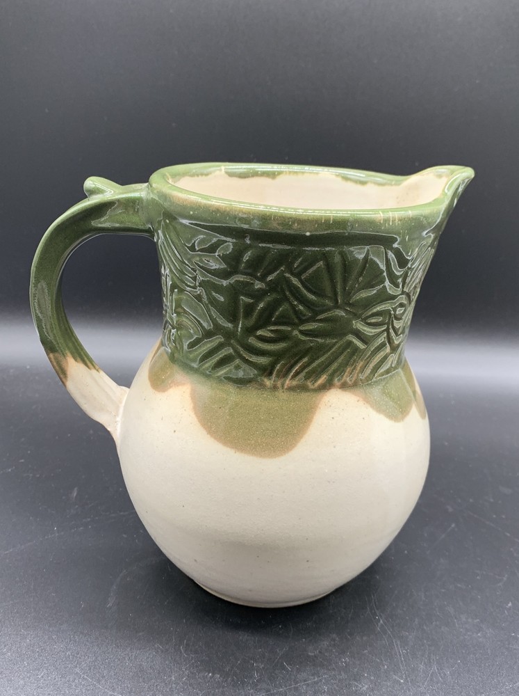 Studio Art Pottery Pitcher Ivory Green Glaze Leaves Signed