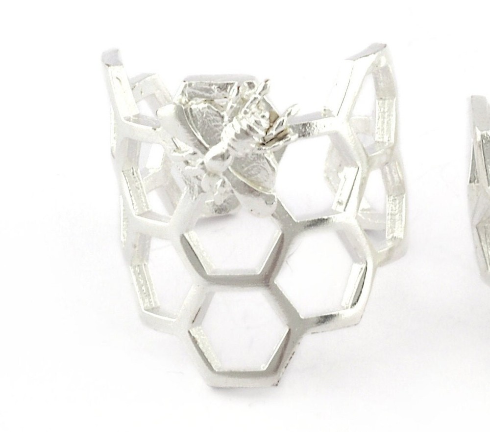 Honey Comb Ring, Bee Ring, Adjustable Shiny Silver plated brass 8US size 5213