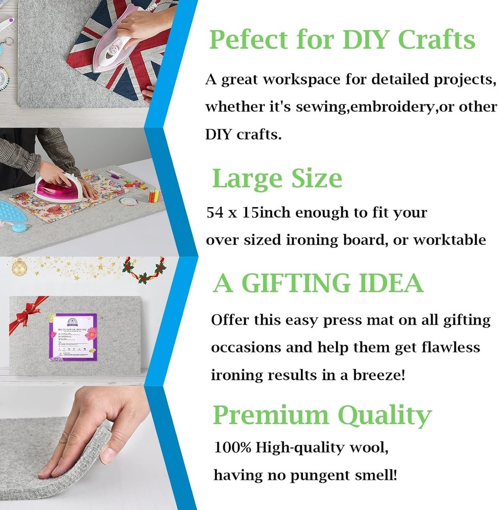 100% Pure Wool Pressing Mat 54x15 - Ideal for Quilting & Sewing Projects
