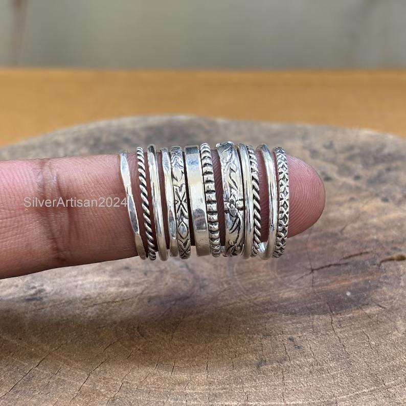 Sterling Silver Stacking Rings Set: Assorted Patterns, Thin & Thick All Size