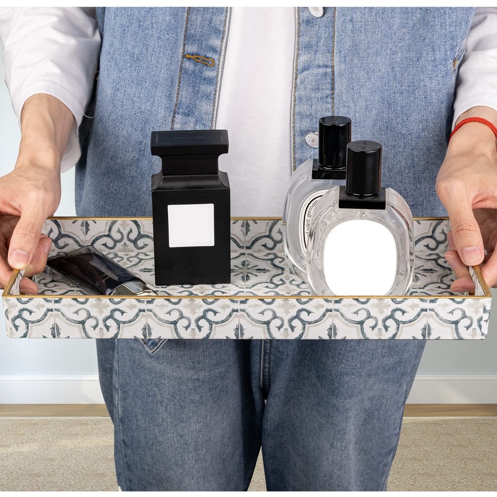 White Decorative Tray Plastic Serving Tray with Handles Rectangular Moroccan ...