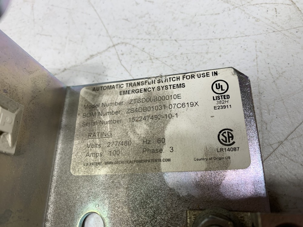 Automatic Transfer Switch ZTSD00B00010E for Emergency Systems 277/480V 100A 3Ph