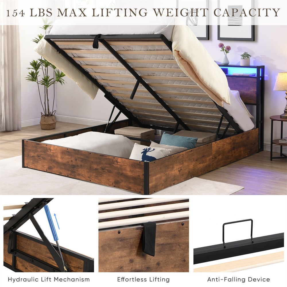 Full/Queen Size Bed Frame Wood Platform Bed Frame w/ Storage & LED Lights