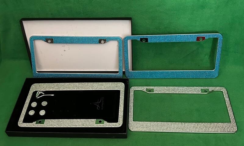 Alphastic Glass Diamond Car License Plate Frame 2 Sets Blue & Silver.