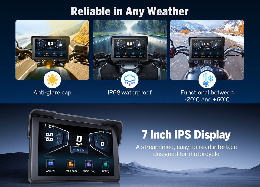 Portable Wireless Carplay Navigator For Motorcycle Android Auto 7" WaterProof 4K