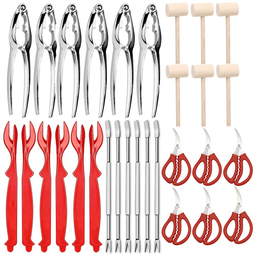 30 PCS Seafood Tools Include Crab Crackers, Stainless steel color, red