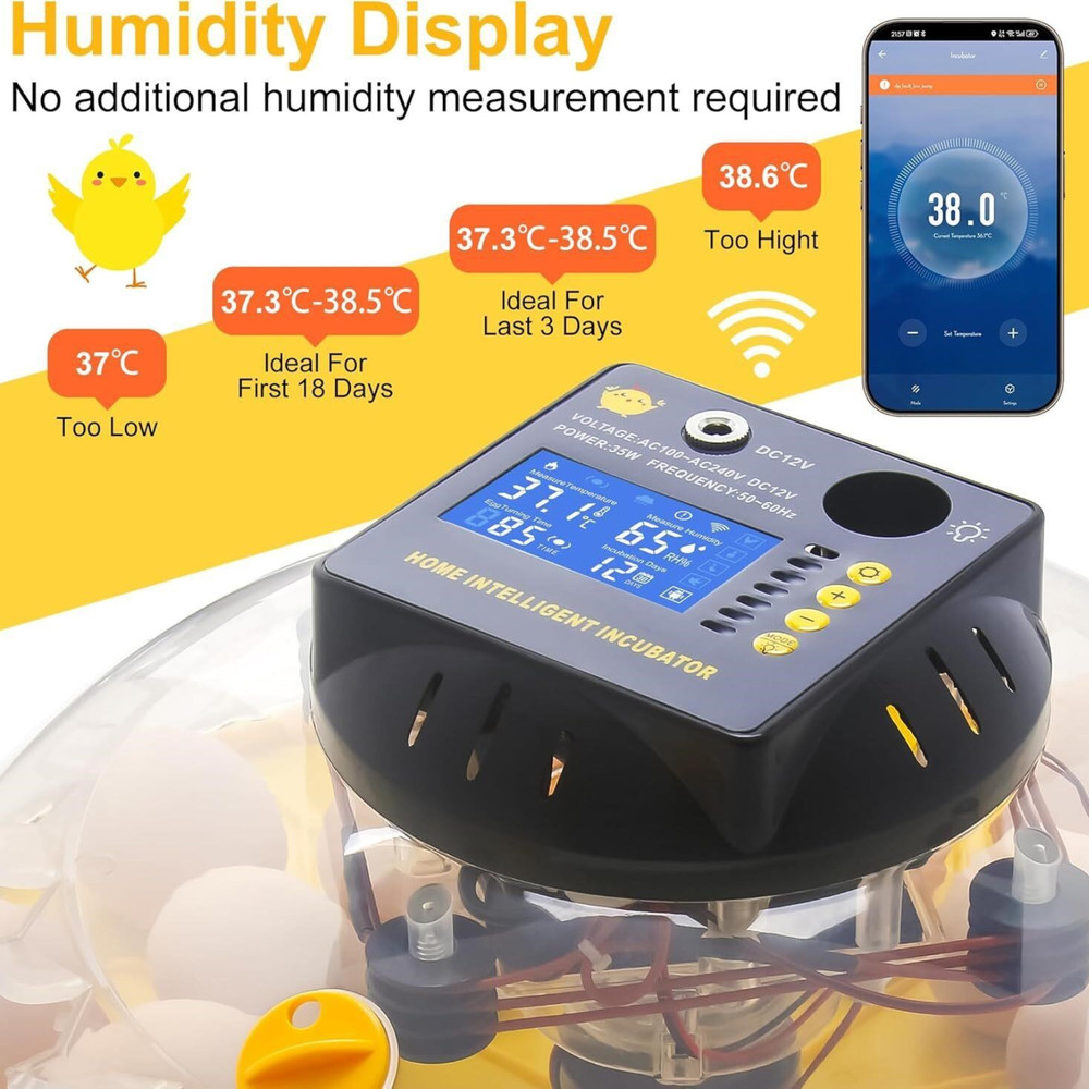 Smart 12‑Egg Incubator with Auto-Turn, Temp/Humidity Control & App/Bluetooth