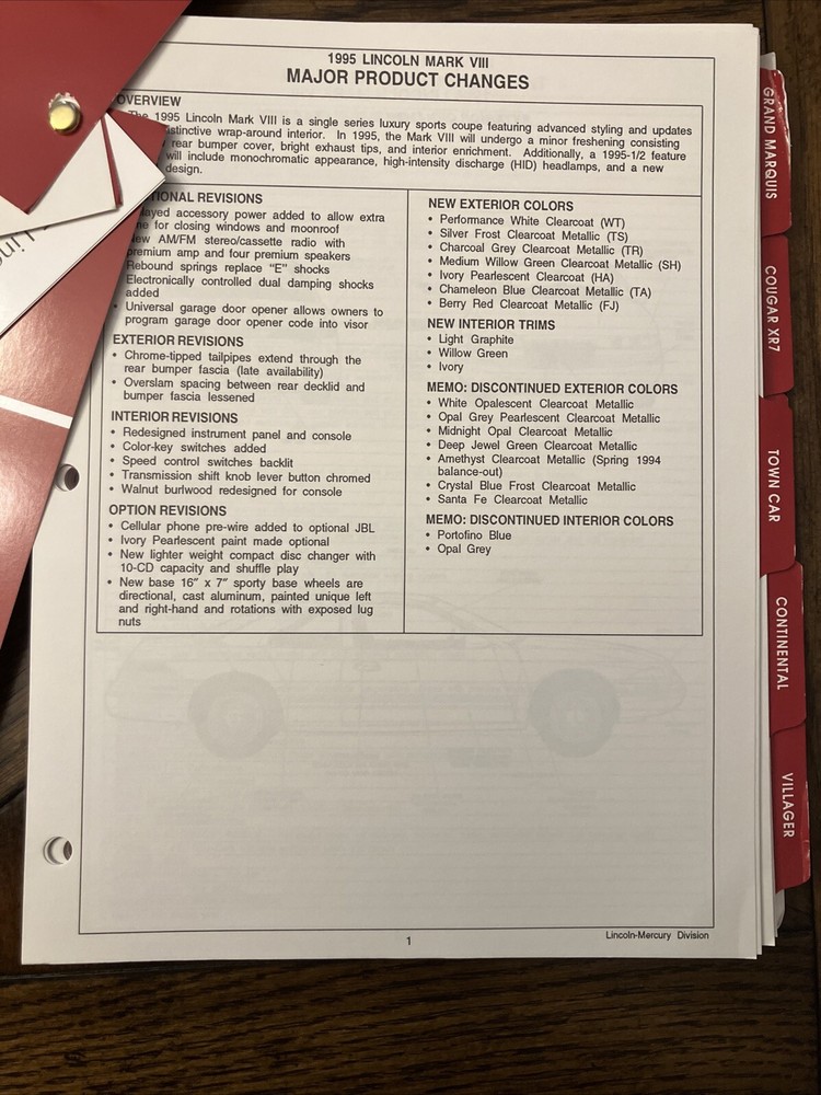 NEW-Lincoln Mercury 1995 Advance Fleet Preview Order Guide