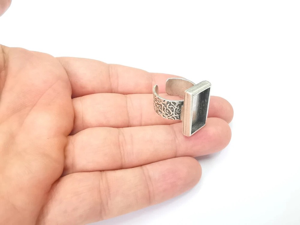 Rectangle Antique Silver Ring Blank Settings, Cabochon Mounting Adjustable Resin