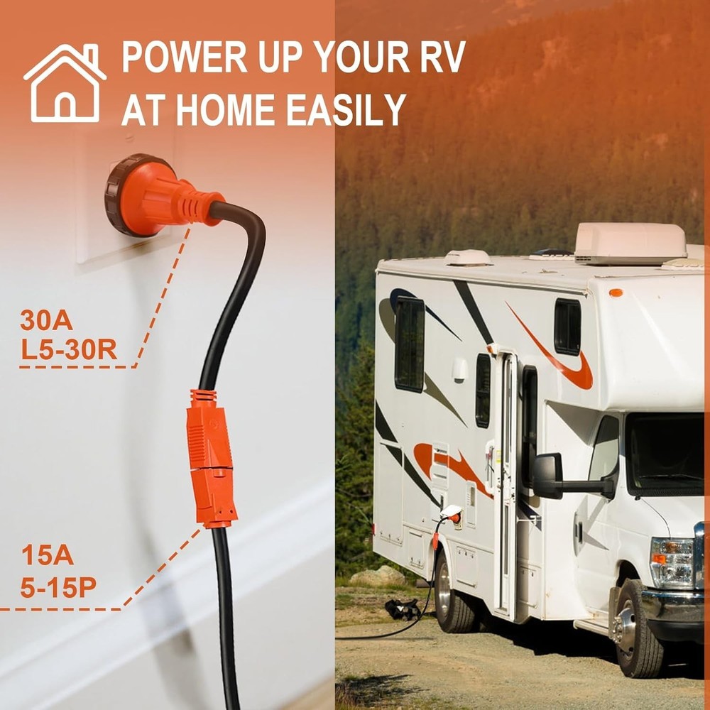 EPICORD RV Adapter Cord 15 Amp Male 5-15P to 30 Amp Twist Lock Female L5-30R USA