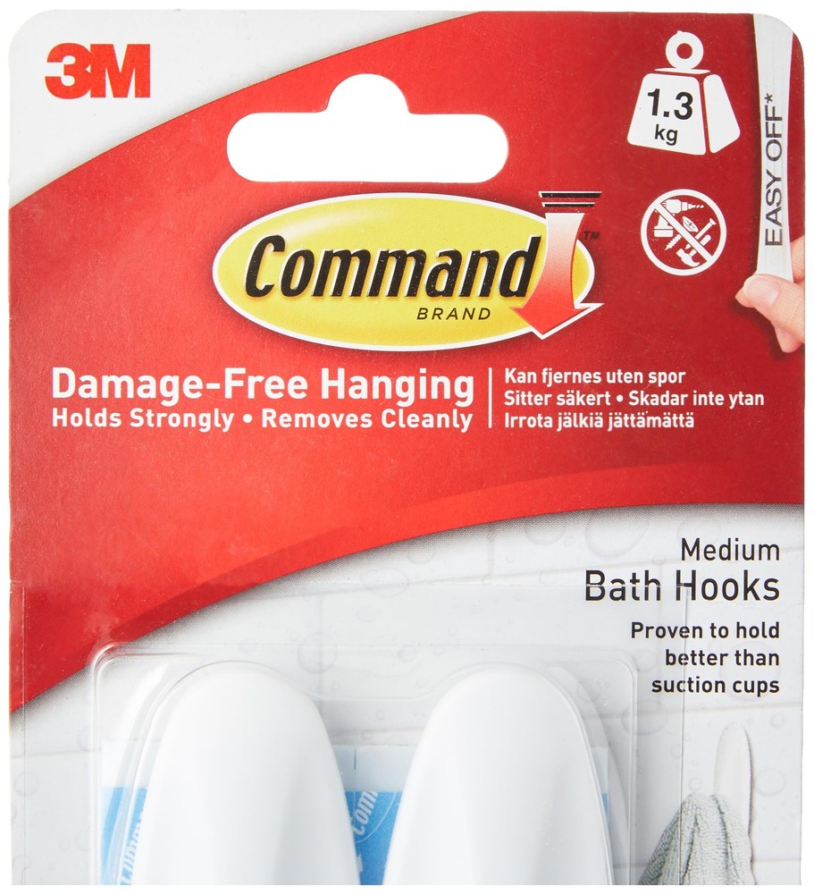 Command Designer Bath Hooks, Medium, White, 2-Hooks with White