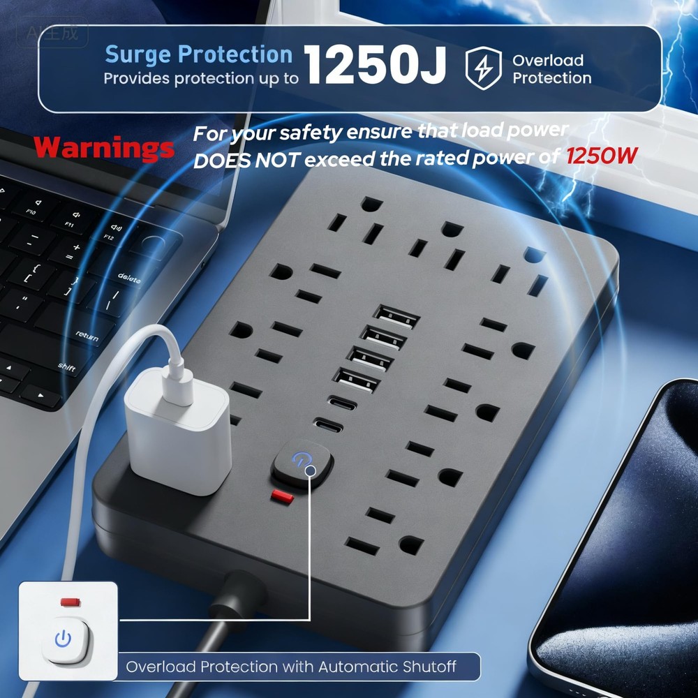 JouleLoom 6 FT Flat Plug Surge Protector Power Strip,11 Multiple 6 FT, Black