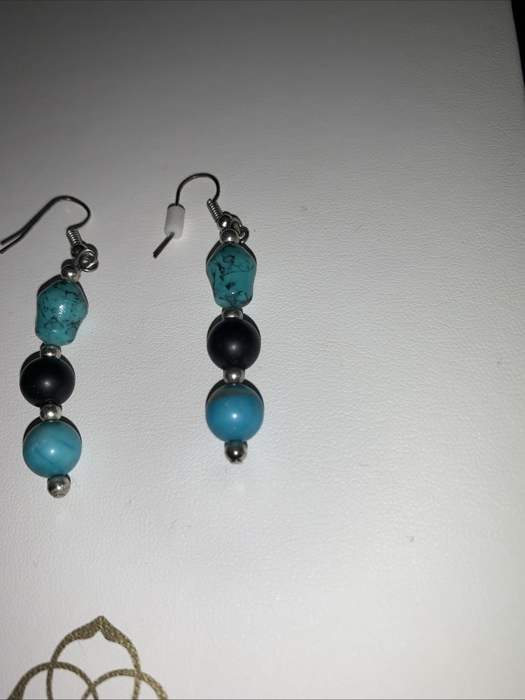 turquoise Dangle Earrings With Black Stone Between Two Turquoise Stones