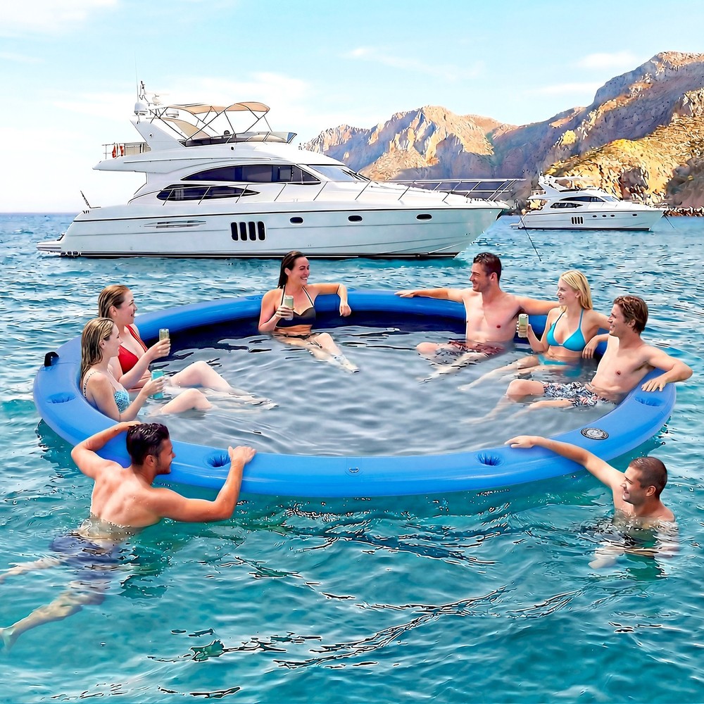 10FT Sunchill Heavy-Duty Float Ring, Cup Holders, Hammock for Lake, Blue