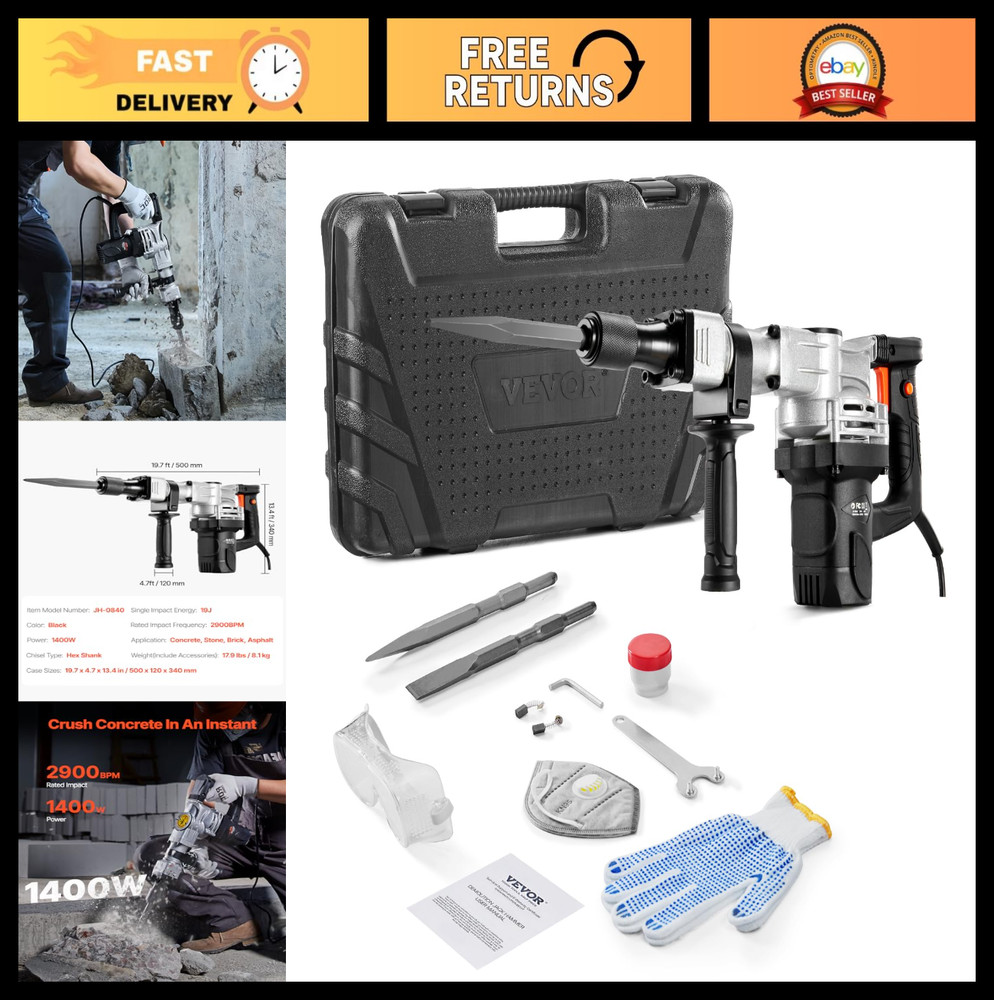 Heavy Duty Electric Demolition Hammer 1400W Jackhammer, 2 Chisel Bits & Case