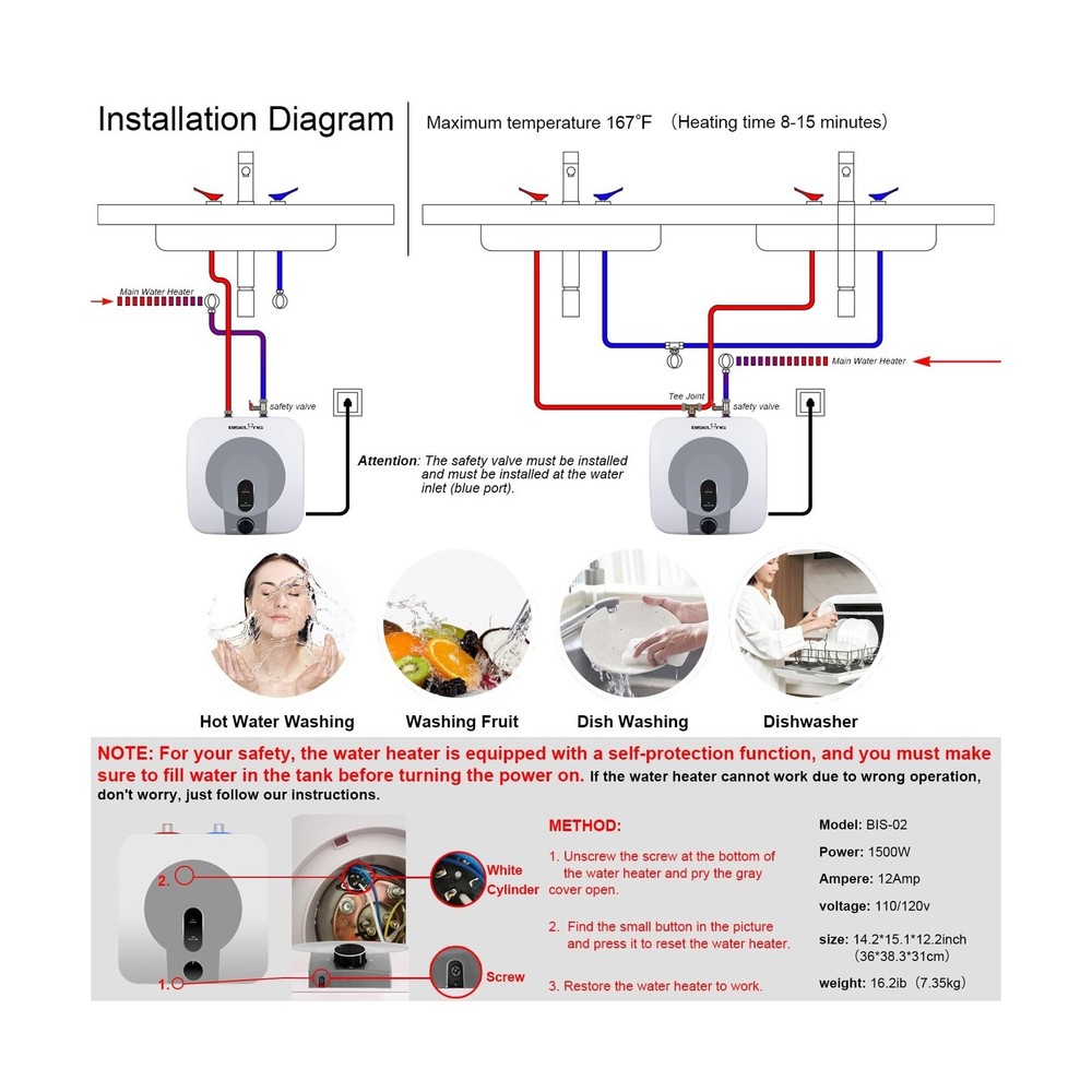 110V-120V 1440-1500W Small Under Sink Tank 2.5 Gallon Water Heater Hot Storag...
