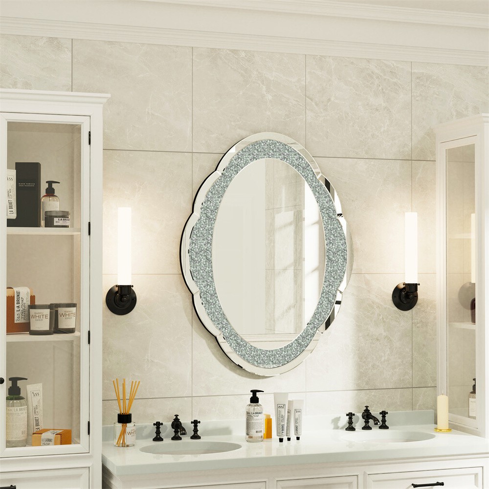 Sparkly Crystal Crushed Diamond Wall Mirror Oval Accent Mirror Bathroom Hallway