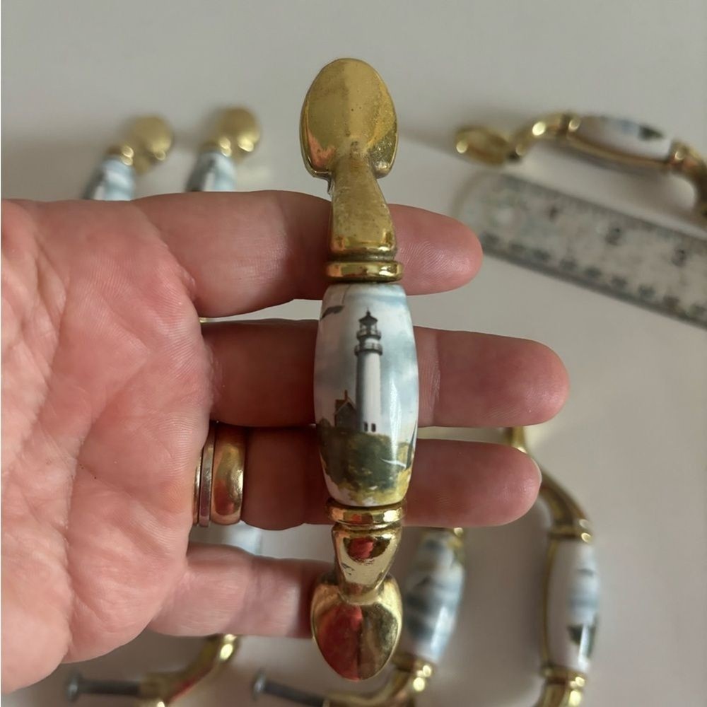 Brass Tone & Ceramic Lighthouse Drawer Door Pulls 3" Center lot (8)