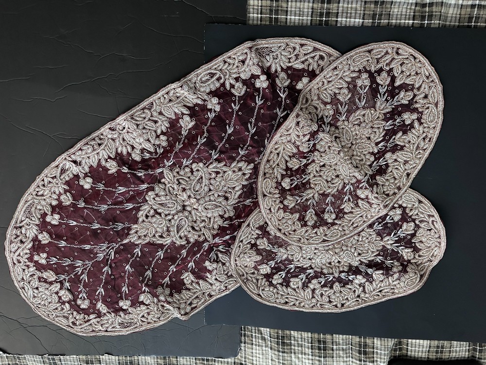 Luxury coffee table runner with two end table covers, burgundy & silver,  new!